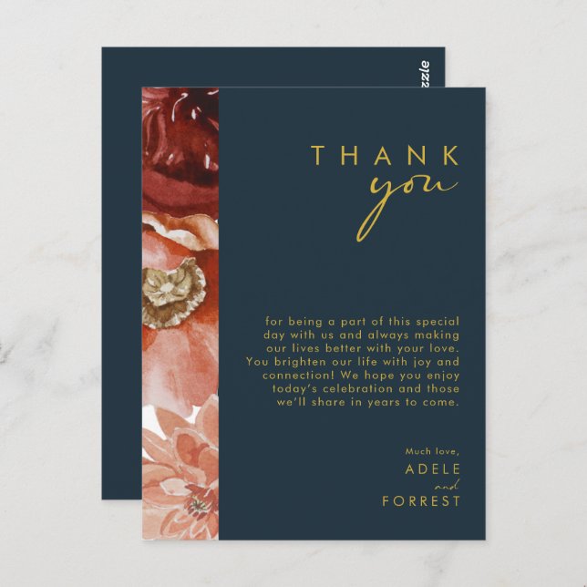 Marsala Autumn Floral | Navy Dankeschön Karte (Vorne/Hinten)