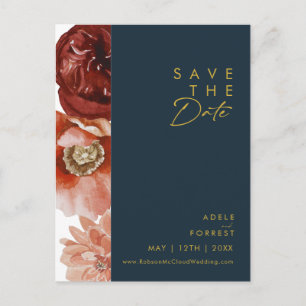 Marsala Autumn Floral Navy Save the Date Postcard Einladungspostkarte