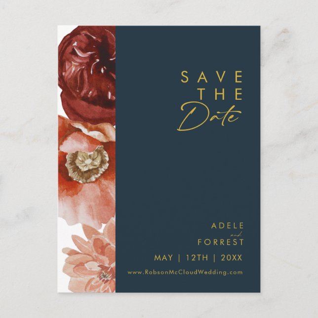 Marsala Autumn Floral Navy Save the Date Postcard Einladungspostkarte (Vorderseite)