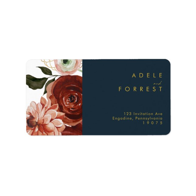 Marsala Autumn Floral | Navy Wedding RSVP Address Adressaufkleber (Vorne)