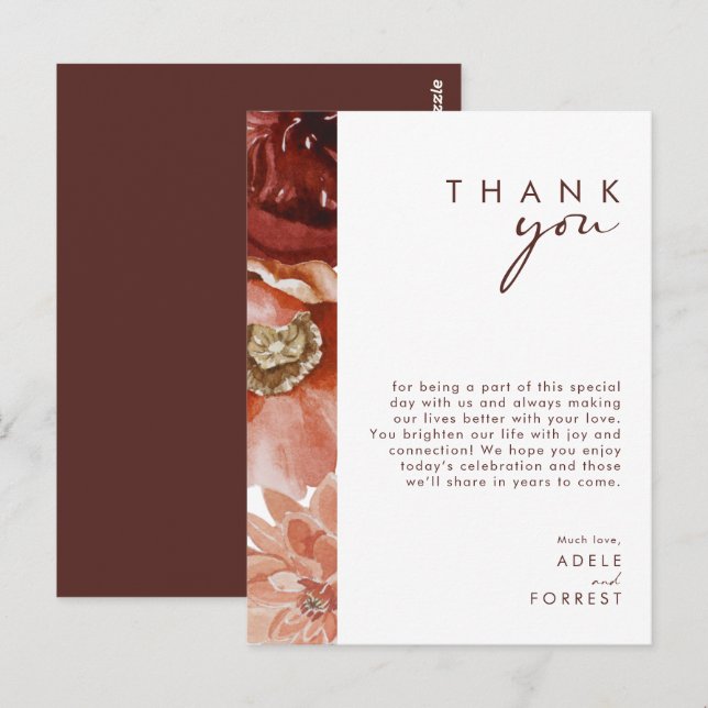 Marsala Autumn Floral | Vielen Dank, Empfang Card Postkarte (Vorne/Hinten)
