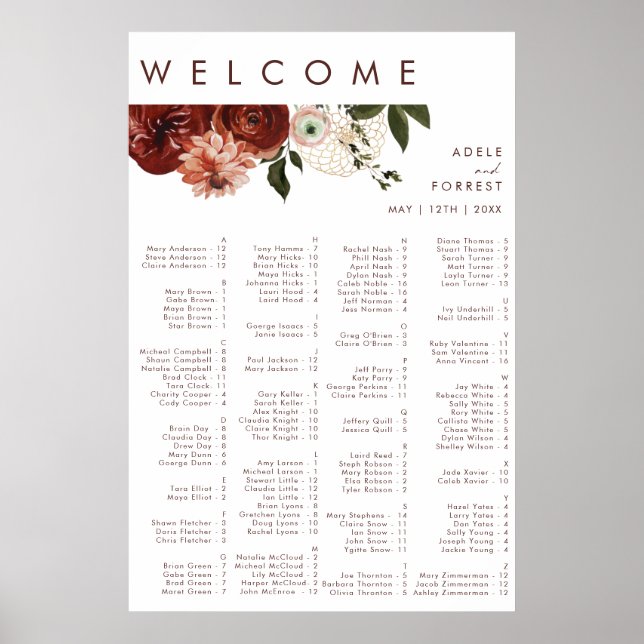 Marsala Autumn Floral | Weiße alphabetische Sitzpl Poster (Vorne)