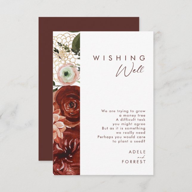Marsala Autumn Floral | Weißes Hochzeitswünschen Begleitkarte (Vorne/Hinten)