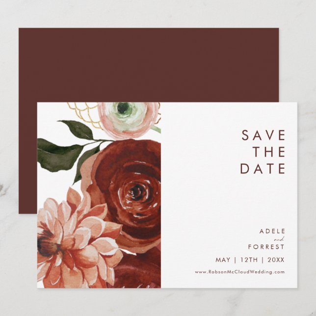 Marsala Autumn Floral | Weißes Horizontal Save The Date (Vorne/Hinten)