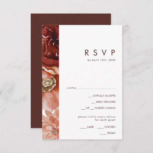 Marsala Autumn Floral White Menü RSVP Card (Vorne/Hinten)