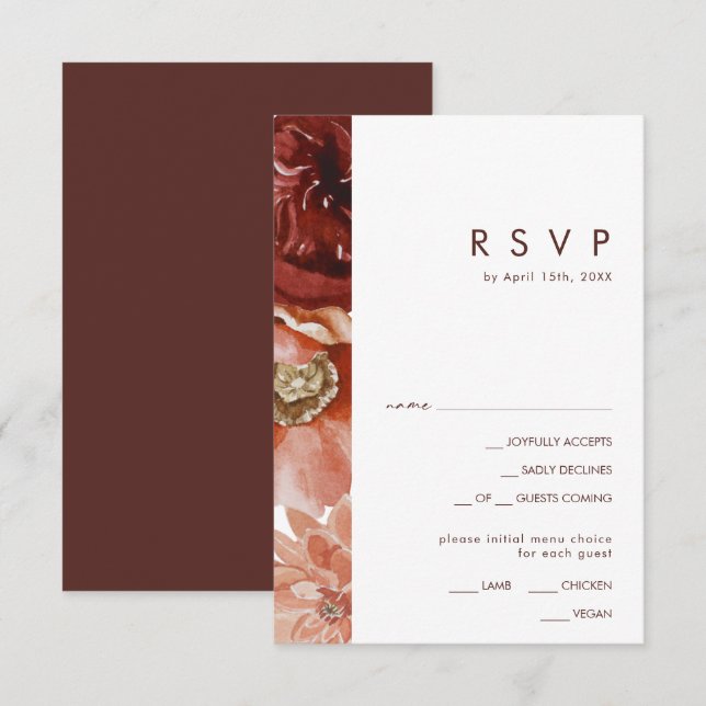 Marsala Autumn Floral White Menü RSVP Card Karte (Vorne/Hinten)