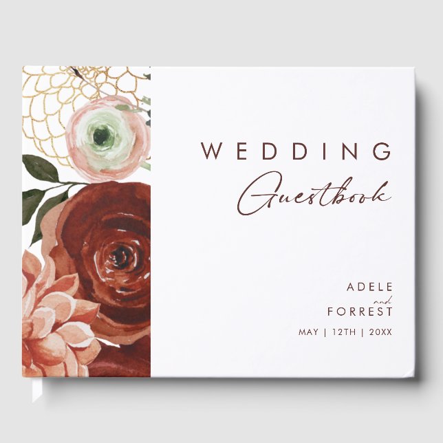 Marsala Autumn Floral | White Wedding Guest Book Gästebuch (Vorderseite)