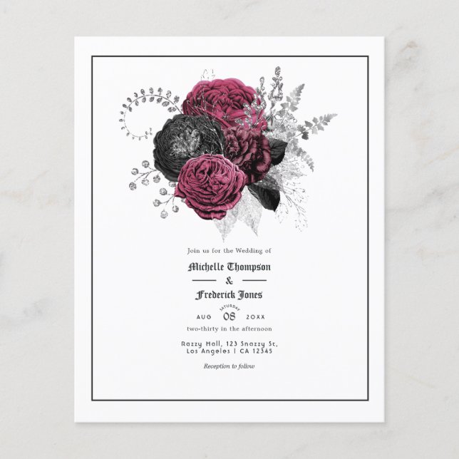 Marsala, Black and Silver Floral Gothic Wedding Flyer (Vorne)
