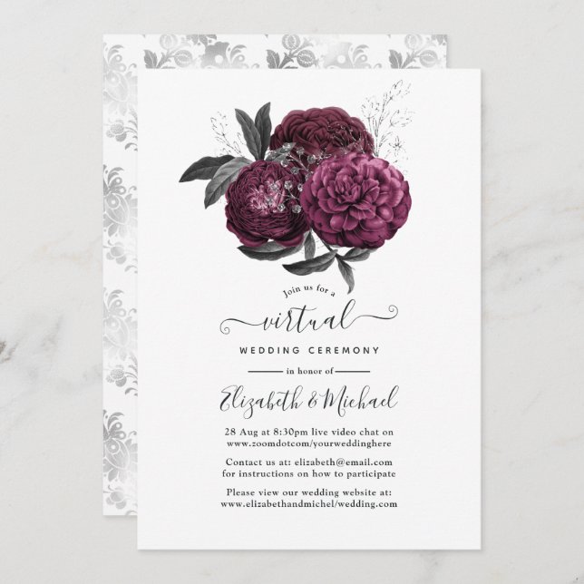 Marsala, Black and Silver Floral Virtual Wedding Einladung (Vorne/Hinten)