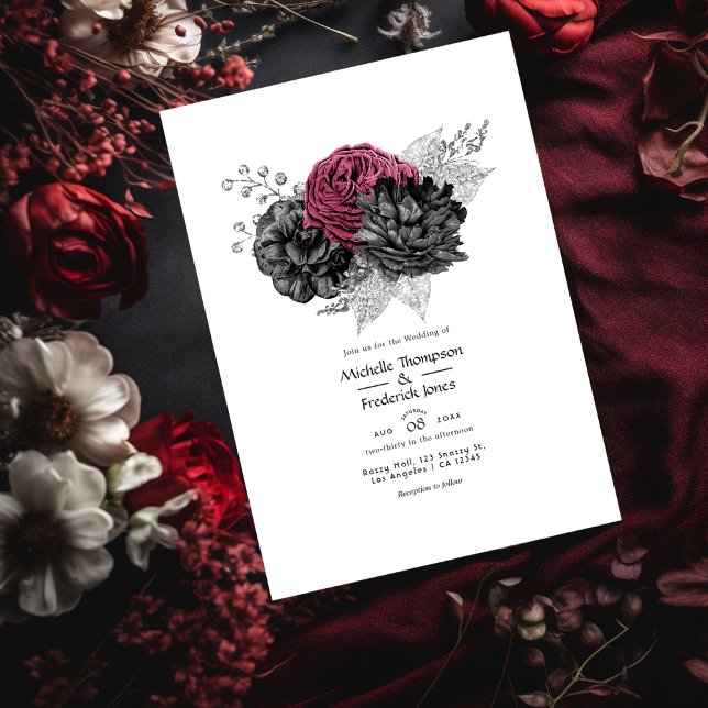 Marsala, Black and Silver Floral Wedding Einladung (Von Creator hochgeladen)