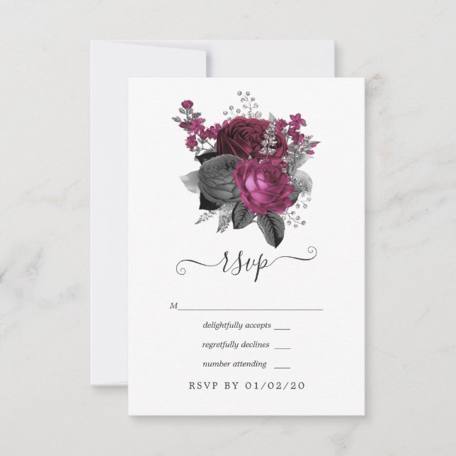 Marsala, Black and Silver Floral Wedding RSVP Karte (Vorderseite)