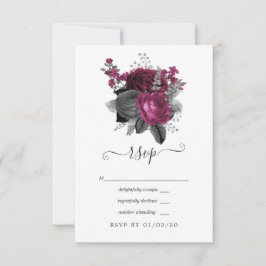 Marsala, Black and Silver Floral Wedding RSVP Karte