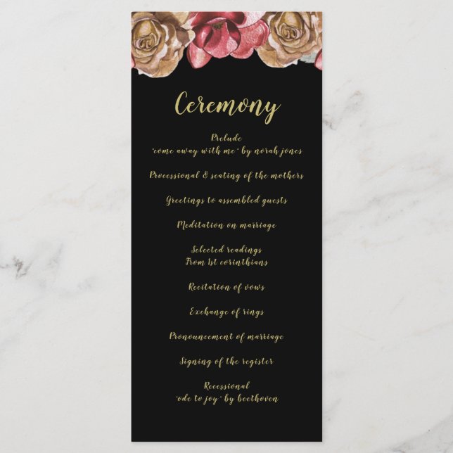 Marsala Black Floral Wedding Programme (Vorderseite)