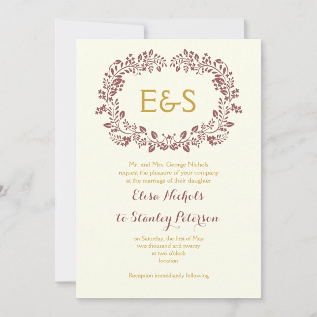 Marsala Blattwerk Rahmen mit Initialen Hochzeit Einladung (Vorderseite)