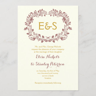 Marsala Blattwerk Rahmen mit Initialen Hochzeit Einladung