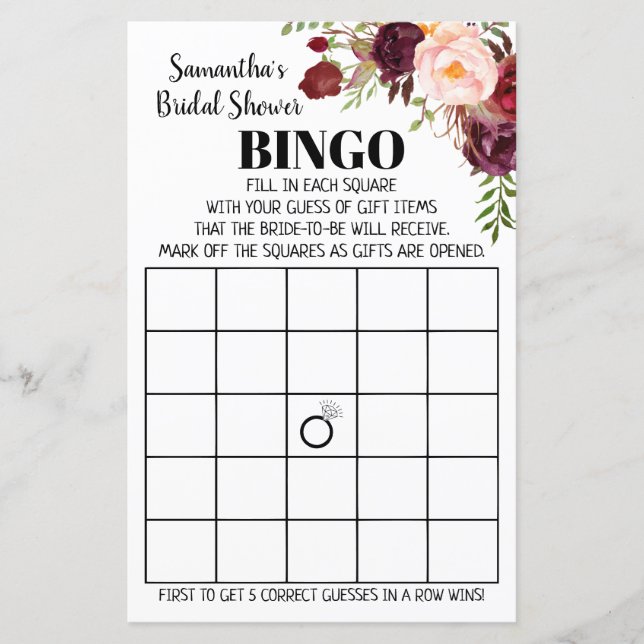 Marsala Blume Bridal Bingo Polterabend Game (Vorderseite)