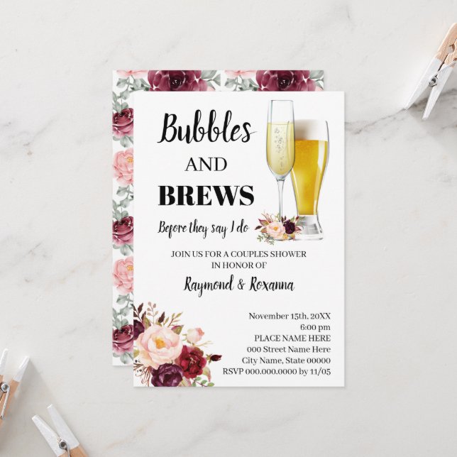Marsala Blume Bubble & Brews Paare Dusche Einladung (Vorderseite/Rückseite Beispiel)