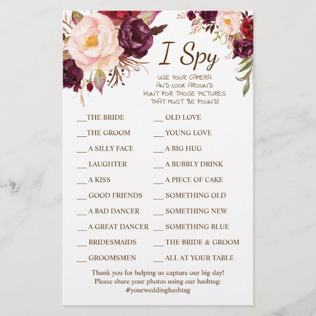 Marsala Blume Hochzeit Empfang I Spy Game Card Flyer (Vorne)