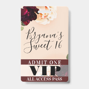 Marsala Blume & String Lights Sweet 16 VIP Pass Ausweis