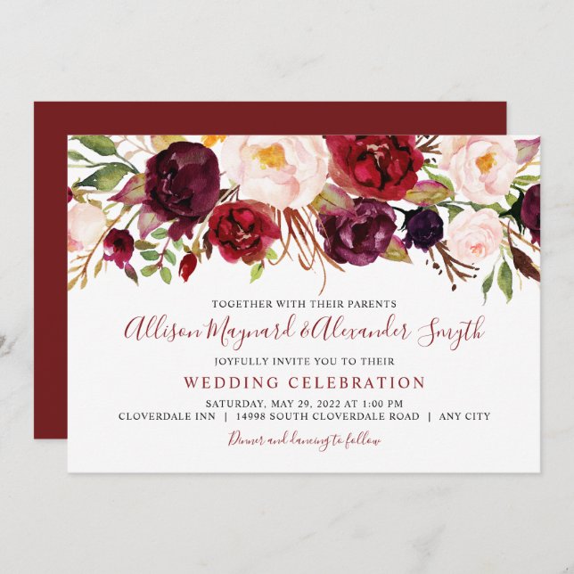 Marsala Blush Bloms Aquarellfarben Hochzeit Einladung (Vorne/Hinten)