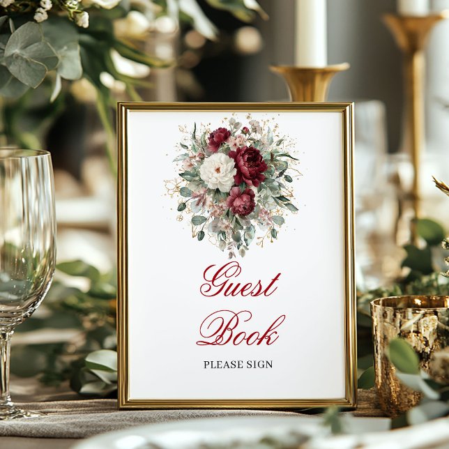Marsala-Blush-Burgunder-Gästebuch-Tischschild Poster (Marsala Blush Burgundy Guest Book Tabletop)