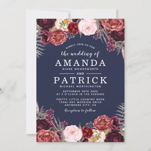 Marsala Blush Peony Wedding Einladungen (Vorderseite)