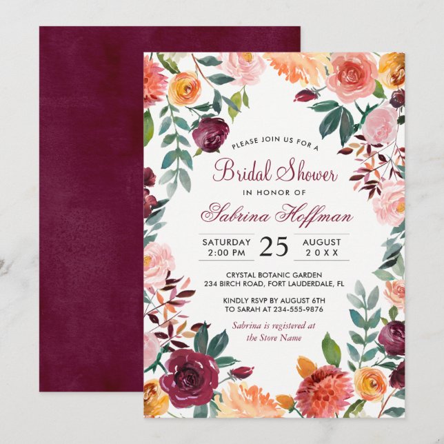 Marsala Blush Pink Blume Brautparty Einladung (Vorne/Hinten)
