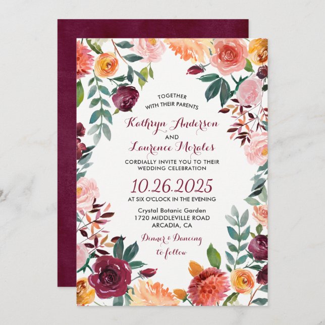 Marsala Blush Pink Botanische Blume Wreath Wedding Einladung (Vorne/Hinten)