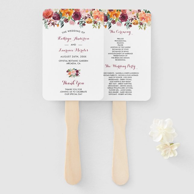 Marsala Blush Pink Floral Wedding Program Hand Fan Fächer (Vorne und Hinten)