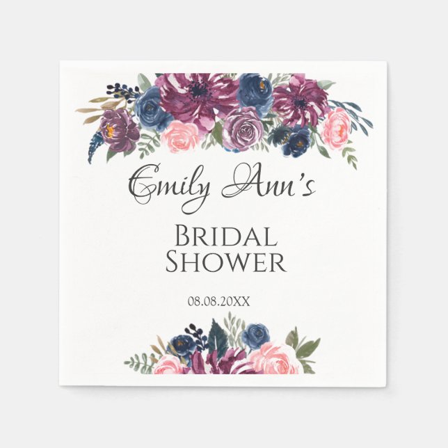 Marsala Blush Pink Navy Peonies Brautparty Serviette (Vorderseite)