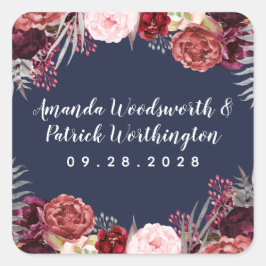 Marsala Blush Pink Peony Gastgeschenk Hochzeit Quadratischer Aufkleber