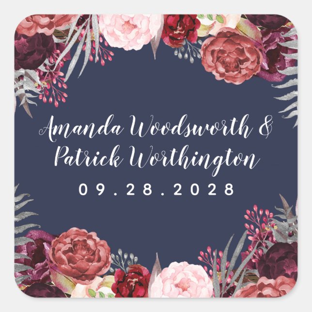 Marsala Blush Pink Peony Gastgeschenk Hochzeit Quadratischer Aufkleber (Vorderseite)