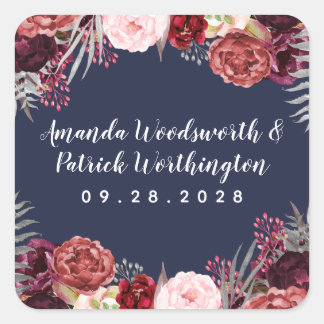 Marsala Blush Pink Peony Gastgeschenk Hochzeit Quadratischer Aufkleber