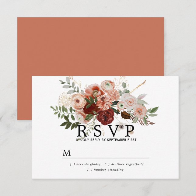Marsala Blush Terracotta Floral Wedding RSVP Card Karte (Vorne/Hinten)