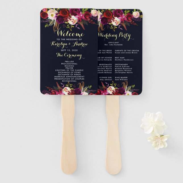 Marsala Boho Floral Wedding Program Fächer (Vorne und Hinten)
