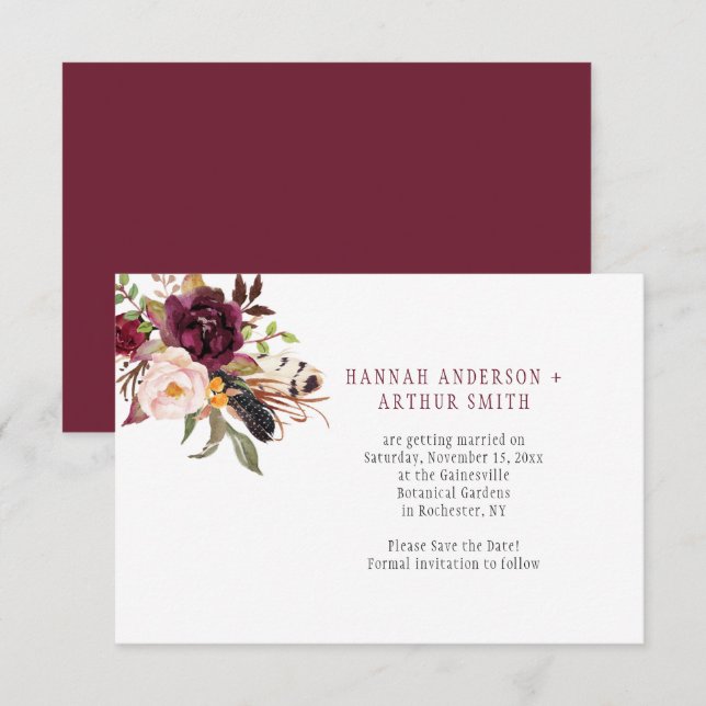 Marsala Boho Florals Save the Date Einladung (Vorne/Hinten)