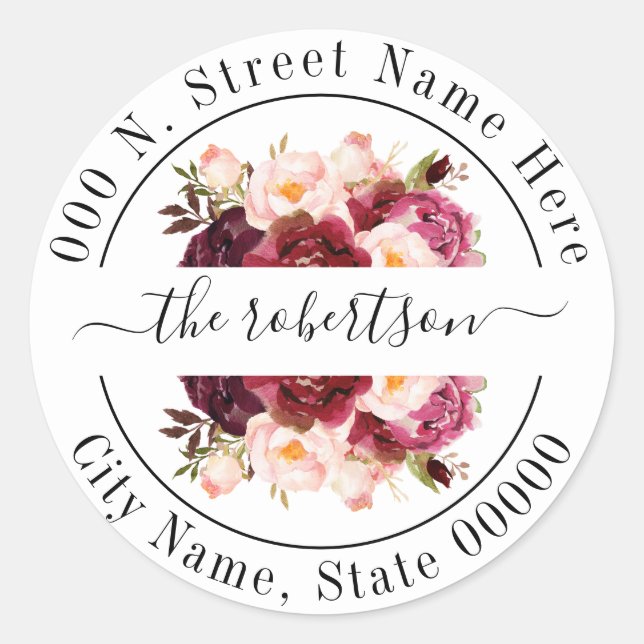 Marsala Burgudy Blumengestein Boho chic Rücksendea Runder Aufkleber (Vorderseite)