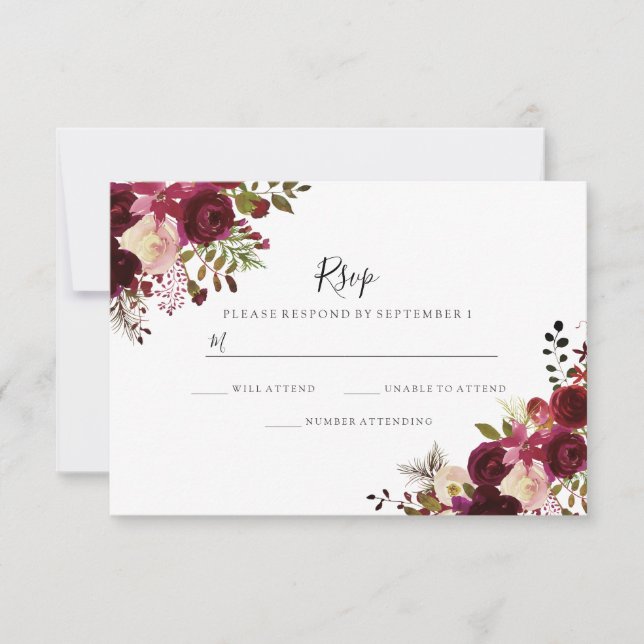 Marsala Burgund Red Floral Wedding RSVP Karte (Vorderseite)