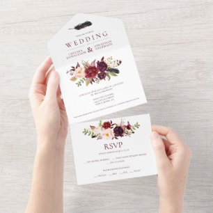 Marsala Burgund Rot Boho Floral All In One Einladung
