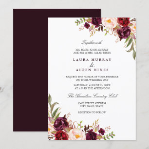 Marsala Burgunder Aquarell Blumenhochzeit Einladung