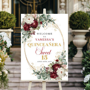 Marsala Burgunder Florale Gold Quinceanera Willkom Poster