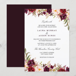 Marsala Burgunder-Rot Wasserfarben-Blumen-Hochzeit Einladung