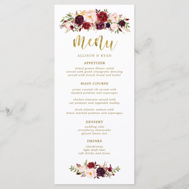 Marsala Burgundy Blume Boho Wedding Menükarte (Vorderseite)