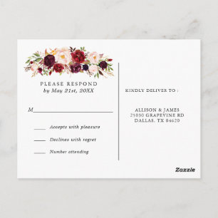 Marsala Burgundy Blume Wedding RSVP Postcard Postkarte