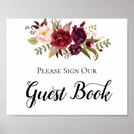Marsala Burgundy Boho Rose Guest Book Sign Poster