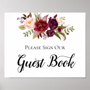 Marsala Burgundy Boho Rose Guest Book Sign Poster
