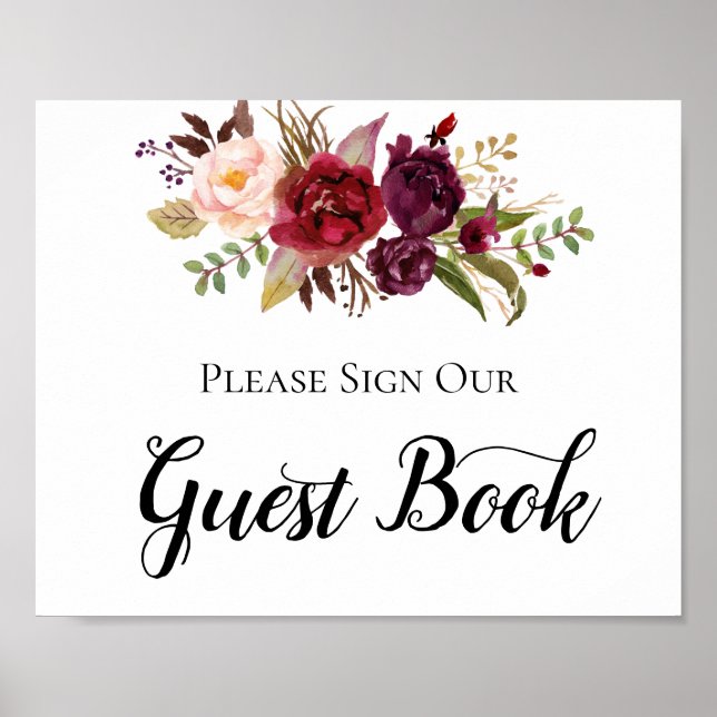 Marsala Burgundy Boho Rose Guest Book Sign Poster (Vorne)