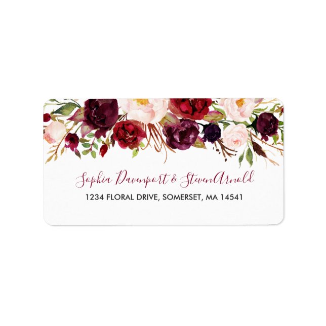 Marsala Burgundy Botanical Wedding Address Labels Adressaufkleber (Vorne)