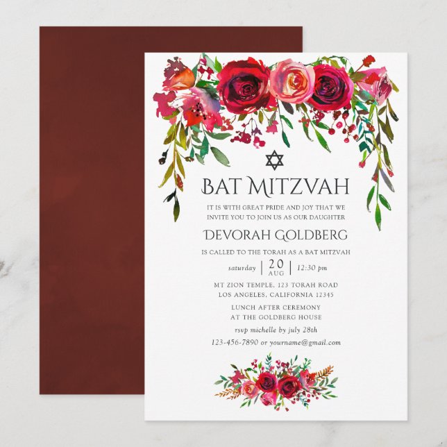 Marsala-Burgundy Floral Bat Mitzvah Einladung (Vorne/Hinten)