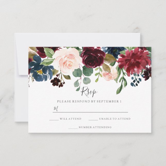 Marsala Burgundy Floral Modern Spring Wedding RSVP Karte (Vorderseite)